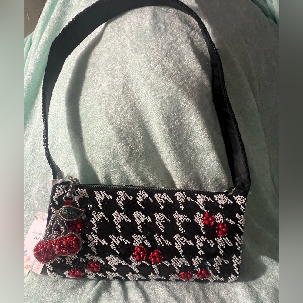 Viral NWT Handcrafted Beaded Cherry Houndstooth w/ Charm Purse Bag Tik Tok